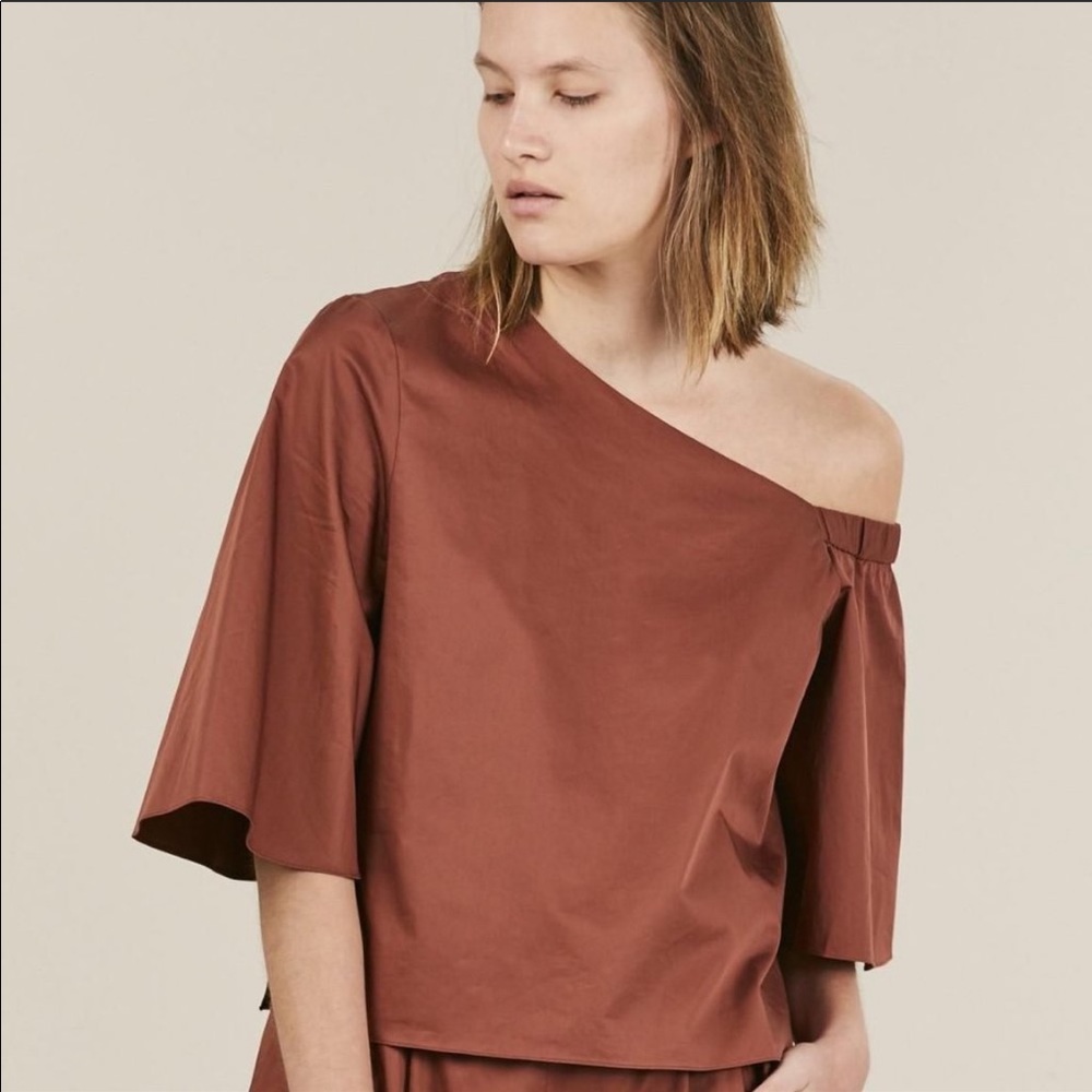 TIBI Poplin Cotton One Shoulder Top Ginger